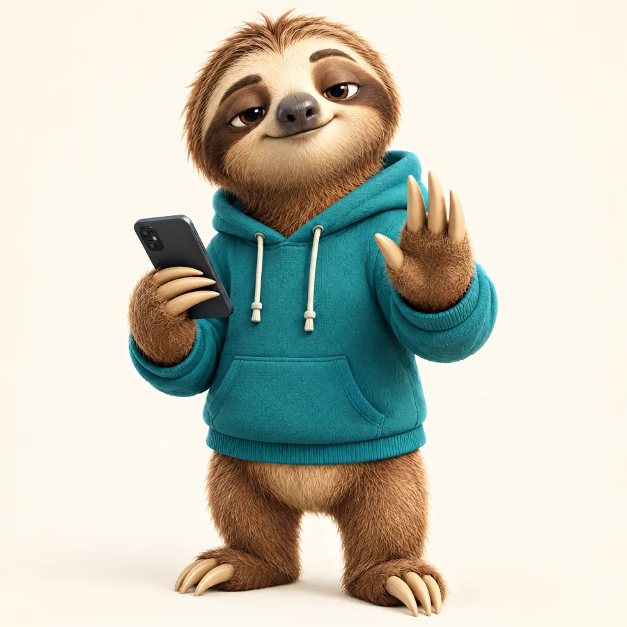 Fauli, das Faultier-Maskottchen von Thinkpause, im petrolfarbenen Hoodie mit Handy